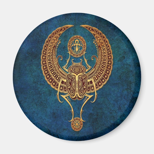 Winged Egyptian Scarab Beetle med Ankh - blå Magnet (Framsidan)