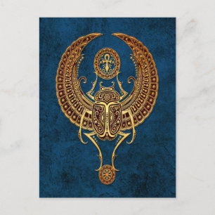 Winged Egyptian Scarab Beetle med Ankh på Blue Vykort