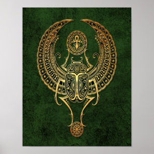 Winged Egyptian Scarab Beetle med Ankh på Grönt Poster