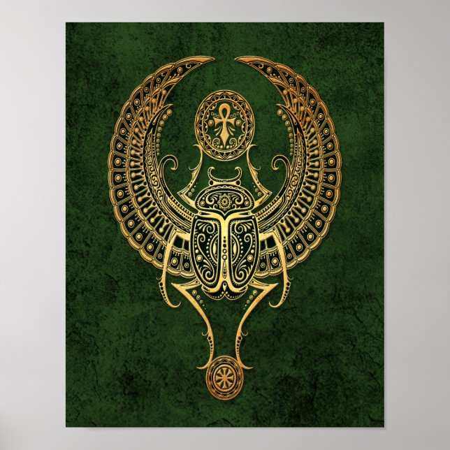 Winged Egyptian Scarab Beetle med Ankh på Grönt Poster (Framsidan)
