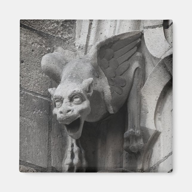 Winged Gothic Gargoyle Black & White Square Magnet (Framsidan)