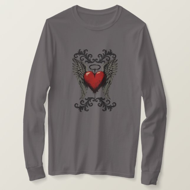 Winged Heart med Halo - Gothic Angel Kärlek Design T Shirt (Design framsida)