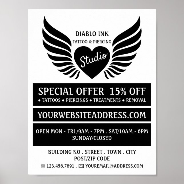Winged Heart Tattoo, Tattoo & Body Piercing Studio Poster (Framsidan)