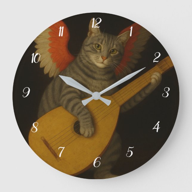 Winged Musician Cat Playing Lute Art               Stor Klocka (Framsida)