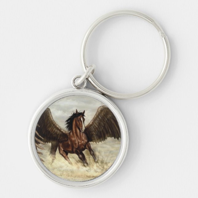 Winged Pegasus Rund Silverfärgad Nyckelring (Framsidan)