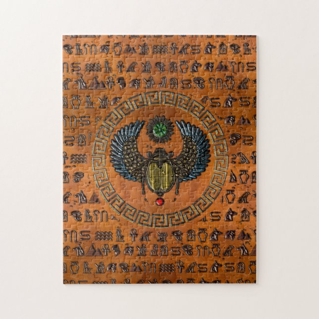 Winged Scarab /W Gems & Egyptian Hieroglyphics Pussel (Vertikal)