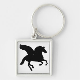 Winged Unicorn Silhouette Fyrkantig Silverfärgad Nyckelring