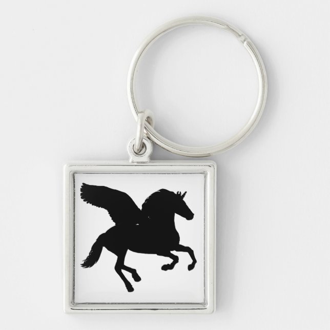 Winged Unicorn Silhouette Fyrkantig Silverfärgad Nyckelring (Framsidan)