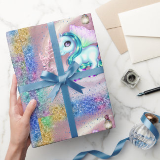 Winged Unicorns och Rainbow Glitter Rosa Presentpapper