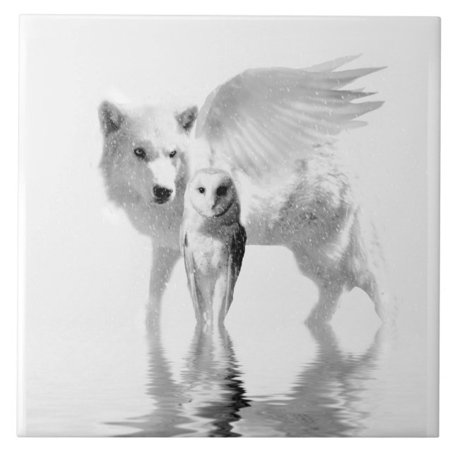 Winging Varg och Uggla Fantasy Art Kakelplatta (Framsidan)