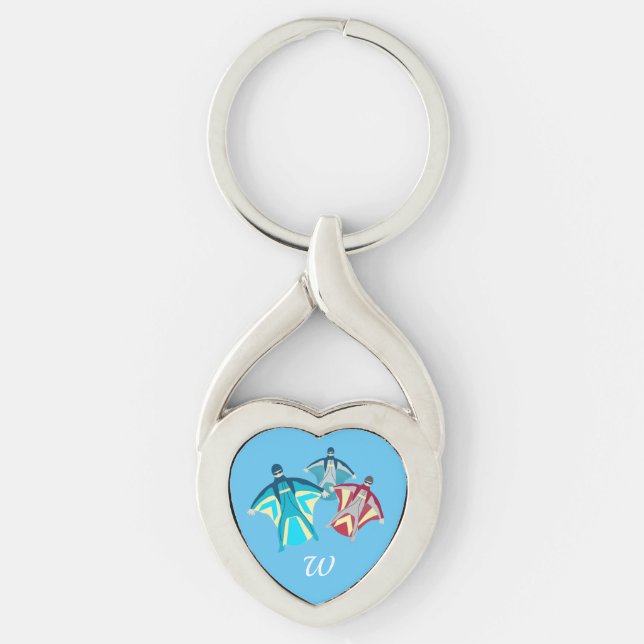 Wingkostym Skydiving Twisted Heart Silverfärgad Nyckelring (Framsidan)