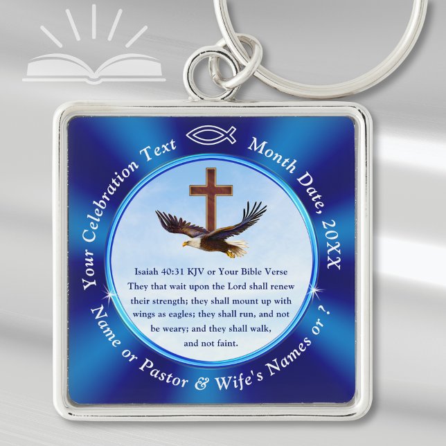 Wings as Eagles Personalized, Christian Key Chain Fyrkantig Silverfärgad Nyckelring (Bible verse key chain. Gifts for new ministers. Gifts for retiring ministers. Isaiah 40:31 Eagles.)