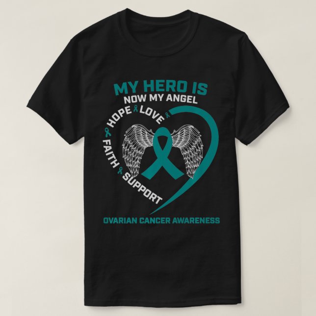 Wings Gifts My Hero Is Now My Angel Ovarian Cancer T Shirt (Design framsida)