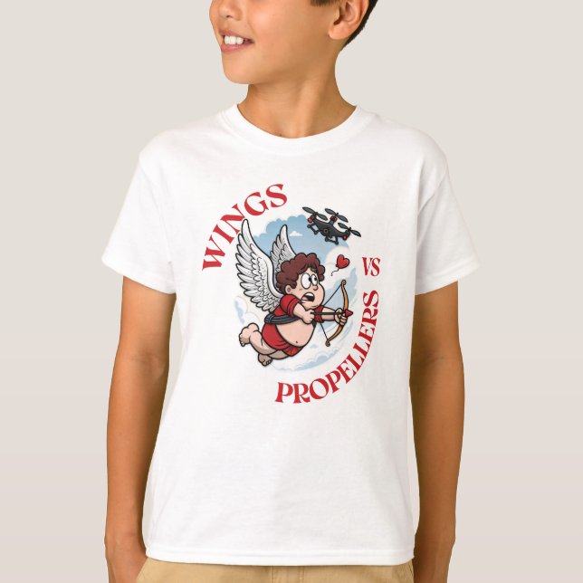 Wings vs Propellers, Cupidon vs Drone, Valentine’s T Shirt (Framsida)