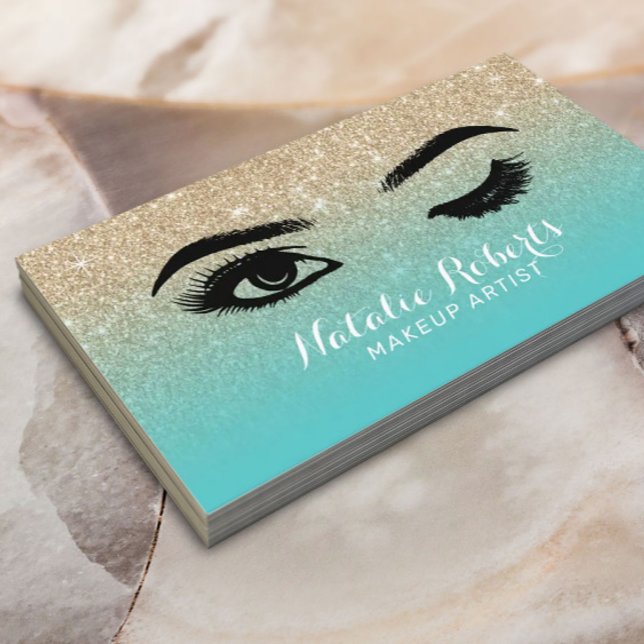 Wink Öga Lash Eyelash Salon Teal & Guld Glitter Visitkort (Skapare uppladdad)