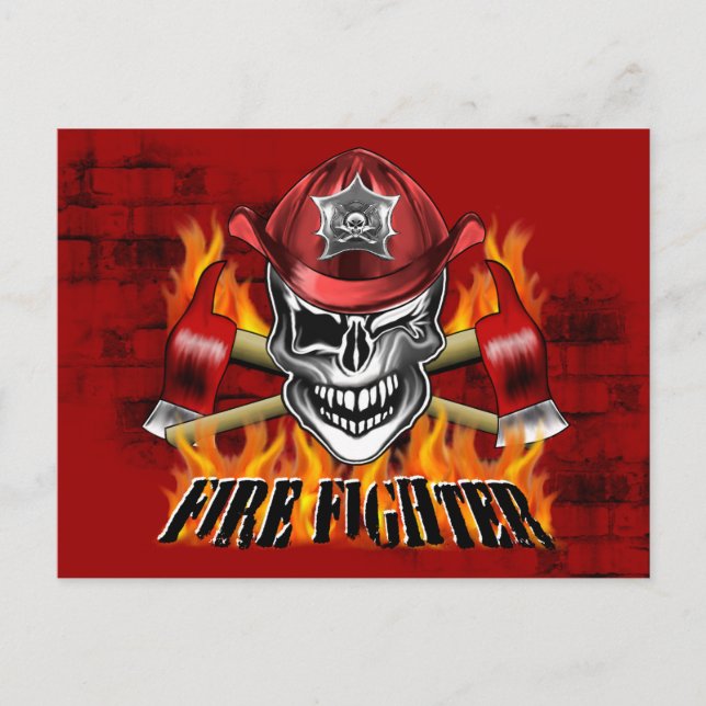 Winking Firefighter Skull och flammande axlar Vykort (Framsida)