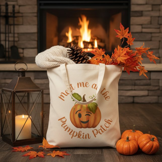 Winking Pumpkin träffade mig på Pumpkin-lappen Tygkasse (Winking Pumpkin Meet Me At The Pumpkin Patch Autumn Tote Bag)