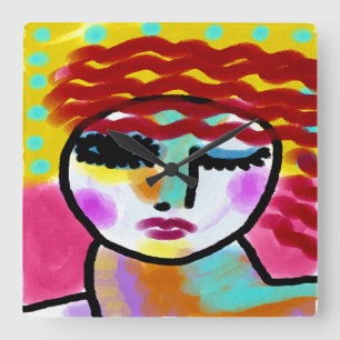 Winking Red Hred Woman Abstrakt Art Fyrkantig Klocka