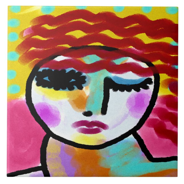 Winking Red Hred Woman Original Abstrakt Art Kakelplatta (Framsidan)