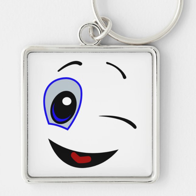 WINKING SMILEY FACE FYRKANTIG SILVERFÄRGAD NYCKELRING (Framsidan)