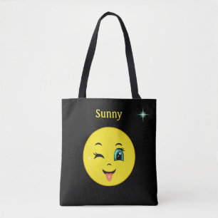 Winky Glad Ansikts Emoji på Svart Tygkasse