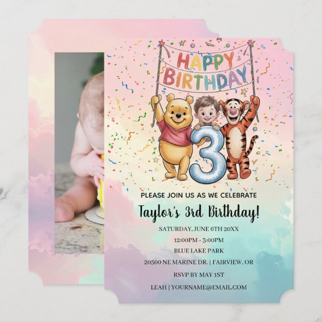 Winnie the Pooh | Happy Birthday Inbjudningar (Fram/baksida)