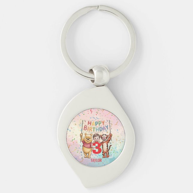 Winnie the Pooh | Happy Birthday Swirl Silverfärgad Nyckelring (Framsidan)