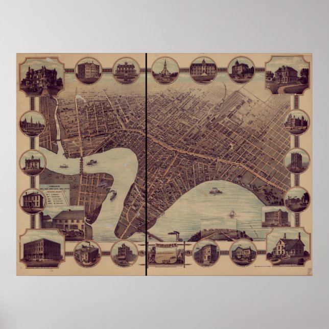 Winnipeg Manitoba 1884 Antique Panoramic Karta Poster (Framsidan)