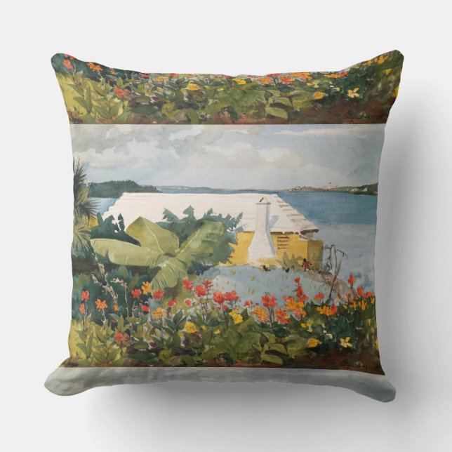 Winslow Homer Blomsterträdgård och Bungalow Bermud Kudde (Framsida)
