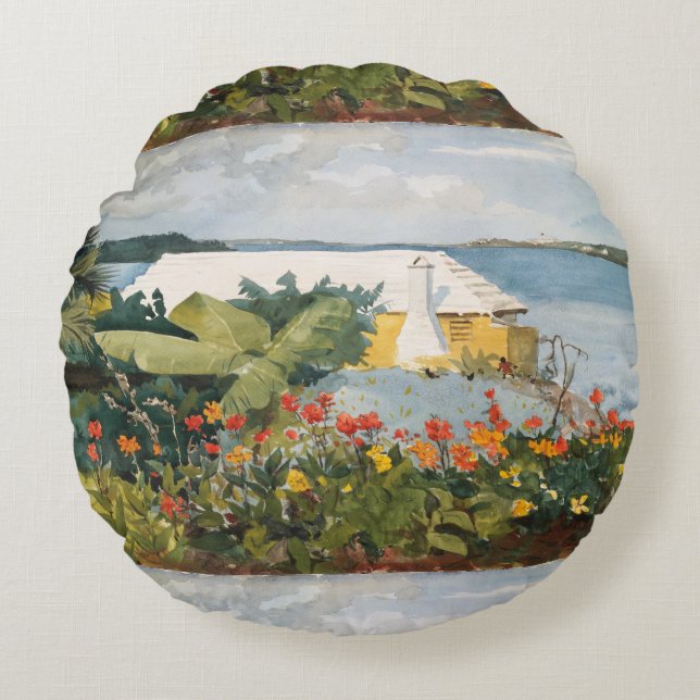 Winslow Homer Blomsterträdgård och Bungalow Bermud Rund Kudde (Framsidan)