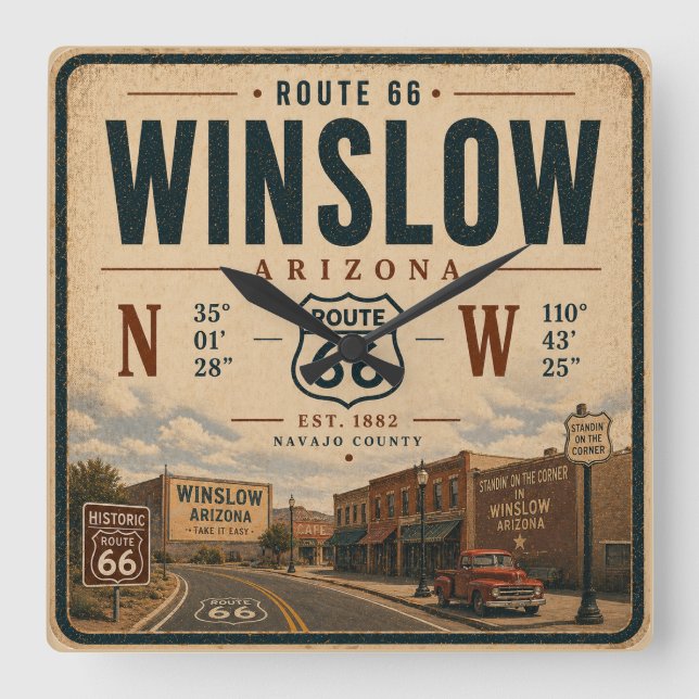 Winslow Vintage Americana Road Trip Fyrkantig Klocka (Framsida)