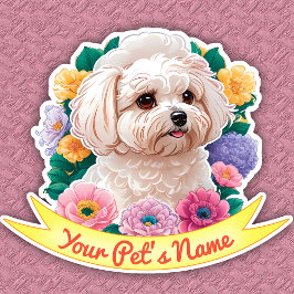 Winsome Bichon Frisé, gult, rosa och lila Blommor Klistermärken