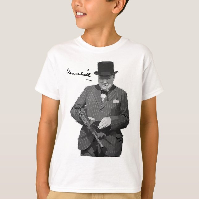 Winston Churchill with Tommy Gun European Hero T Shirt (Framsida)