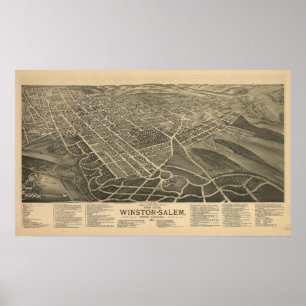Winston-Salem N. Carolina Antique Panoramic Karta Poster
