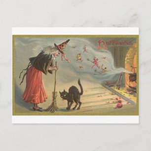 Wintage Halloween Witch, Katt Helg Vykort