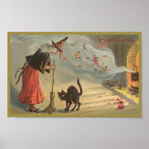 Wintage Halloween Witch, Katt Poster