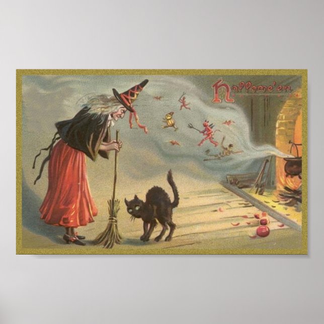 Wintage Halloween Witch, Katt Poster (Framsidan)