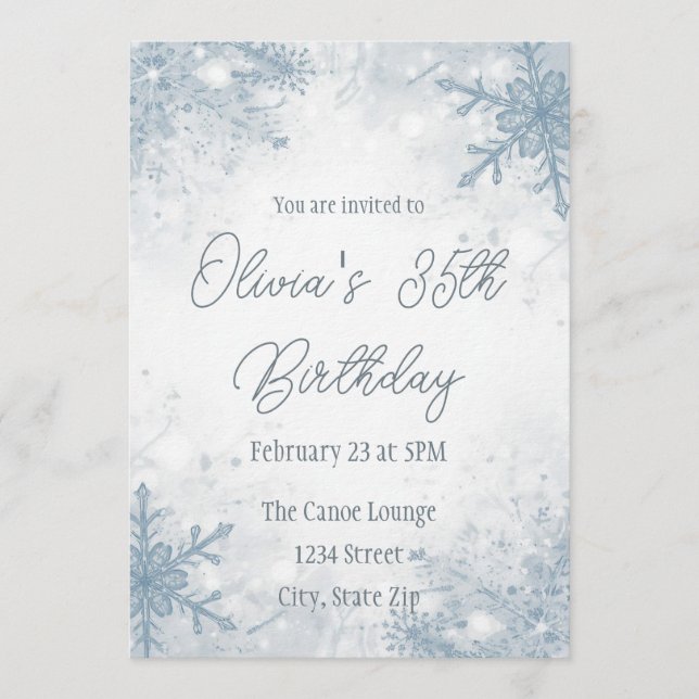 Winter 35th Birthday Invitation – Cool Gray Snow Inbjudningar (Framsida)