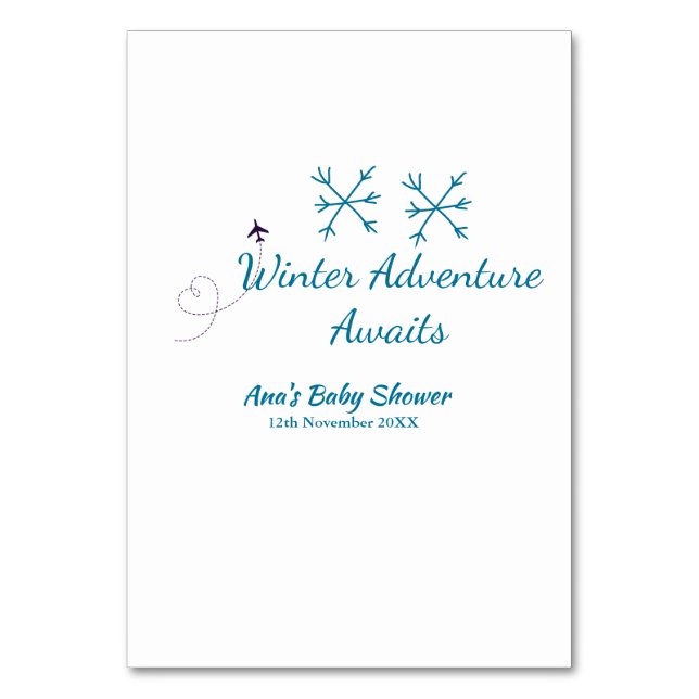 Winter Adventure awaits baby shower blue snowflake Bordsnummer (Framsidan)