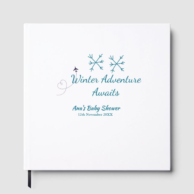 Winter Adventure awaits baby shower blue snowflake Gästböcker (Framsida)