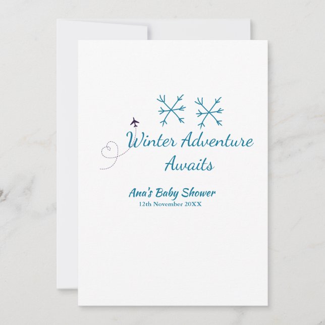 Winter Adventure awaits baby shower blue snowflake Inbjudningar (Framsida)