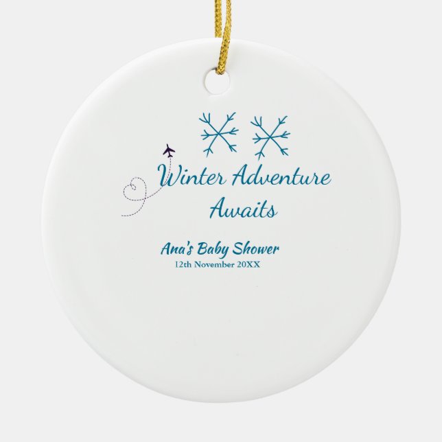 Winter Adventure awaits baby shower blue snowflake Julgransprydnad Keramik (Framsidan)