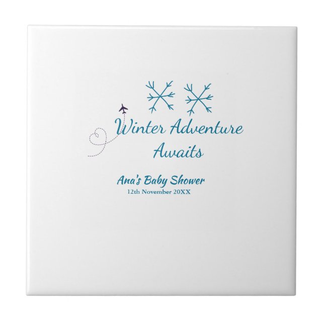 Winter Adventure awaits baby shower blue snowflake Kakelplatta (Framsidan)