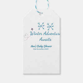 Winter Adventure awaits baby shower blue snowflake Presentetikett