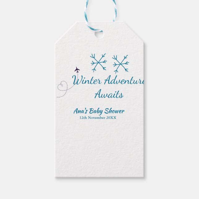 Winter Adventure awaits baby shower blue snowflake Presentetikett (Framsidan)