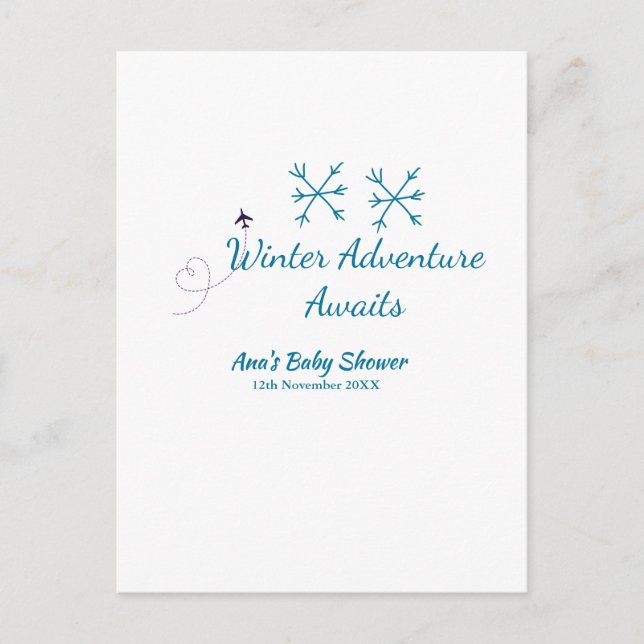 Winter Adventure awaits baby shower blue snowflake Vykort (Framsida)