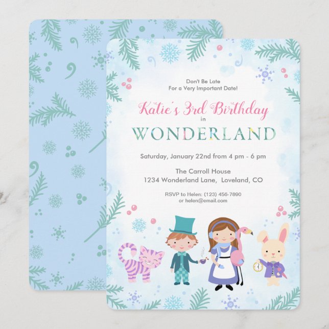 Winter Alice i Wonderland Girls Birthday Inbjudningar (Fram/baksida)