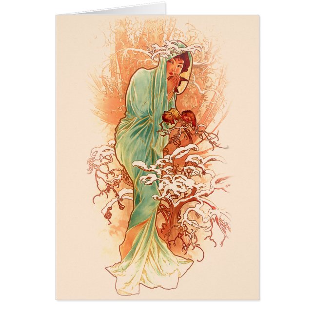 Winter - Alphonse Mucha Art nouveau Hälsningskort (Framsidan)