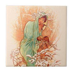 Winter - Alphonse Mucha Art nouveau Kakelplatta