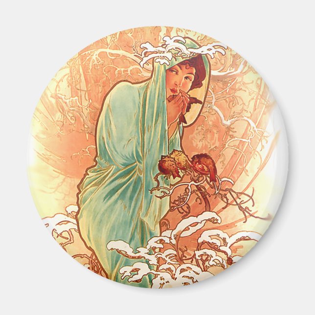 Winter - Alphonse Mucha Art nouveau Magnet (Framsidan)